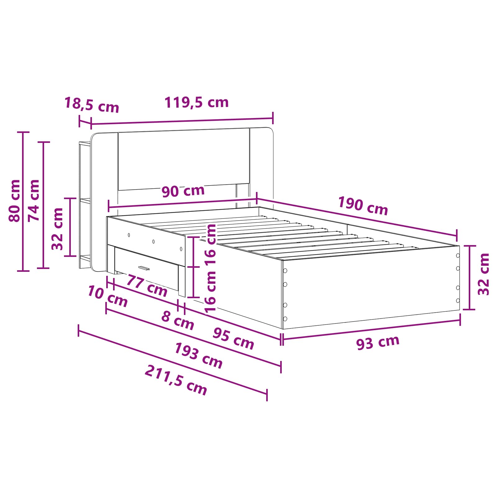 Bettgestell mit Stauraum Grau Sonoma 90 x 190 cm Holzwerkstoff