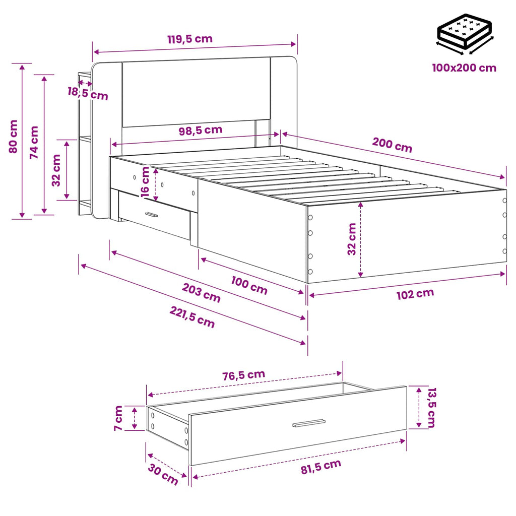 Bettgestell mit Stauraum Grau Sonoma 100 x 200 cm Holzwerkstoff