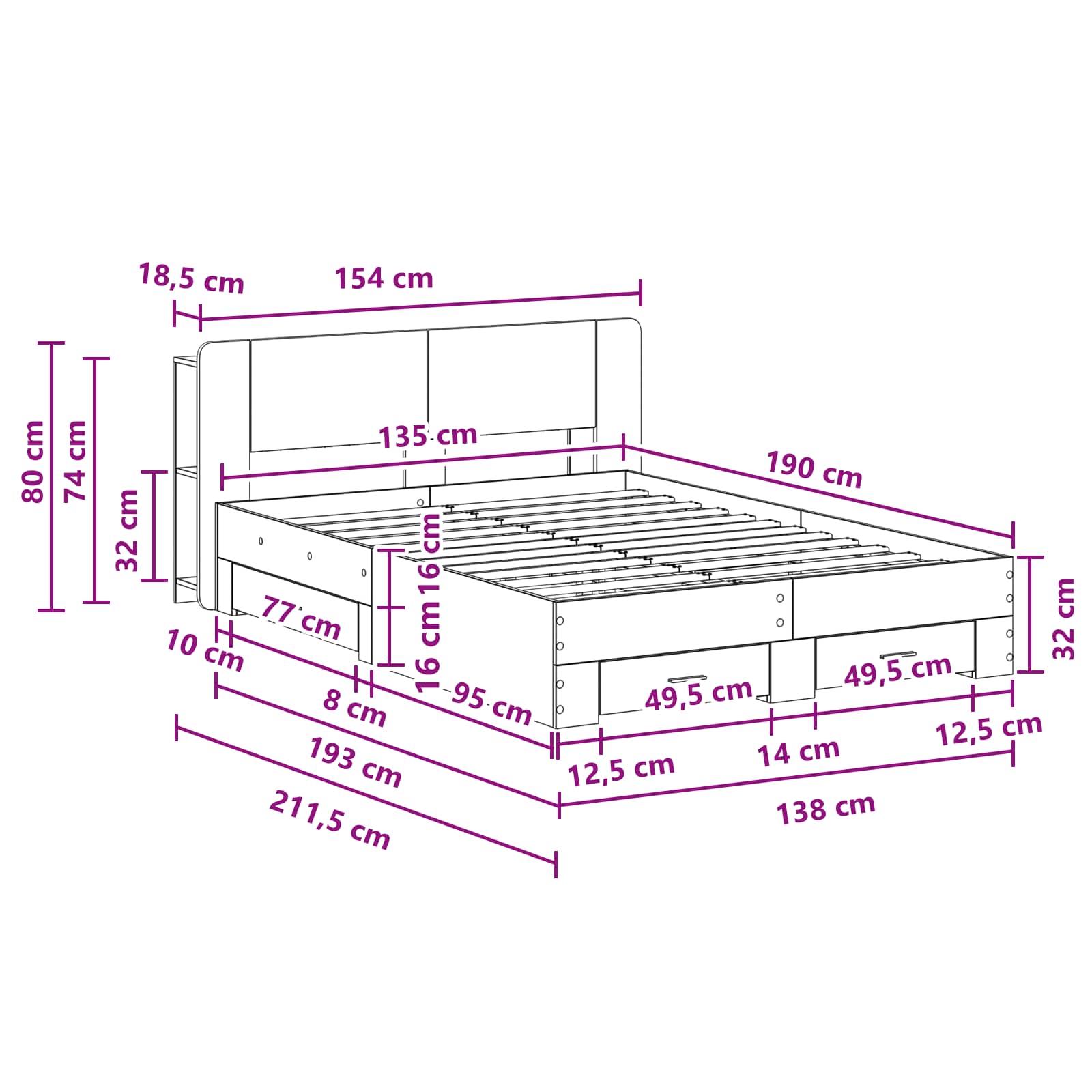 Bettgestell mit Stauraum Grau Sonoma 135 x 190 cm Holzwerkstoff