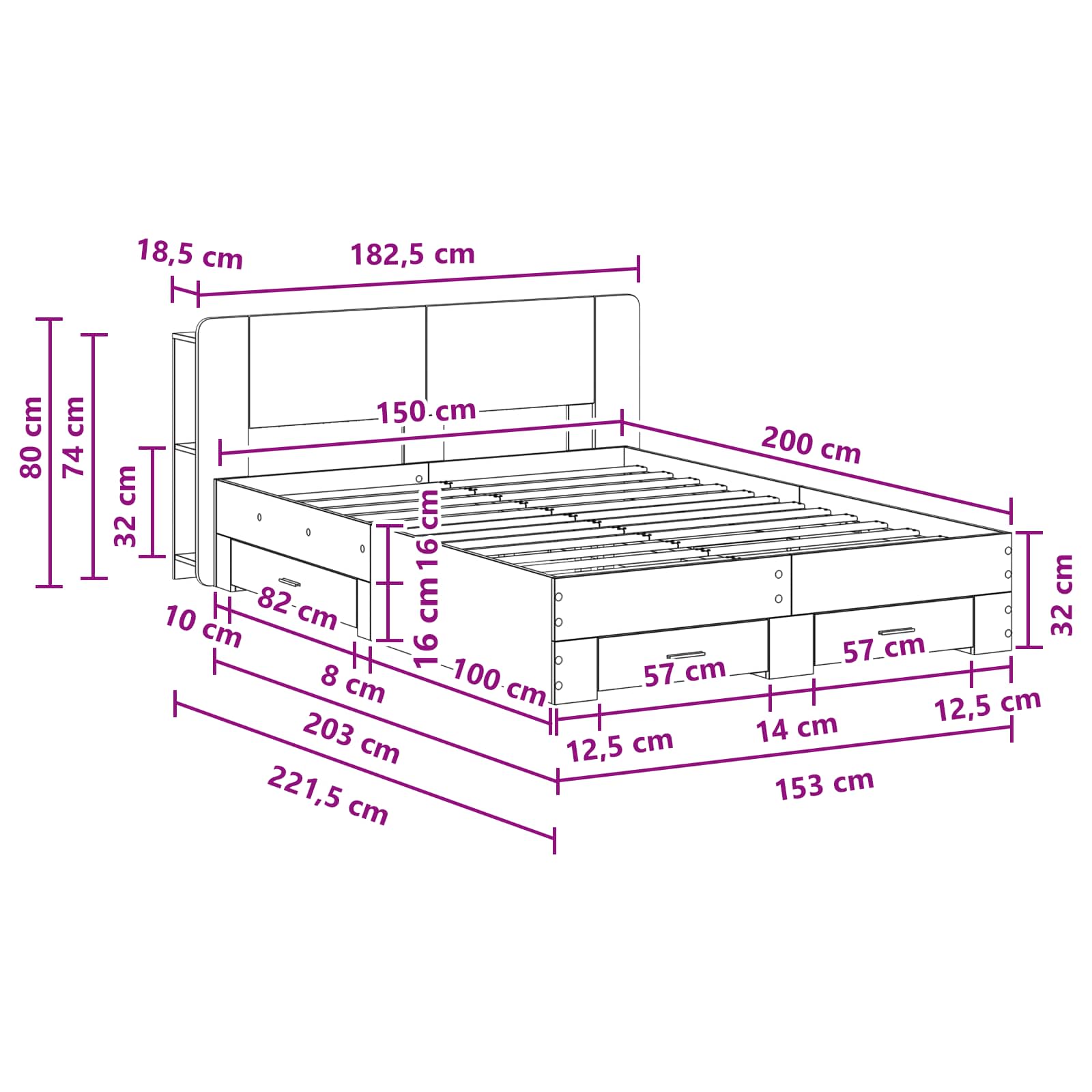 Bettgestell mit Stauraum Betongrau 150 x 200 cm Holzwerkstoff