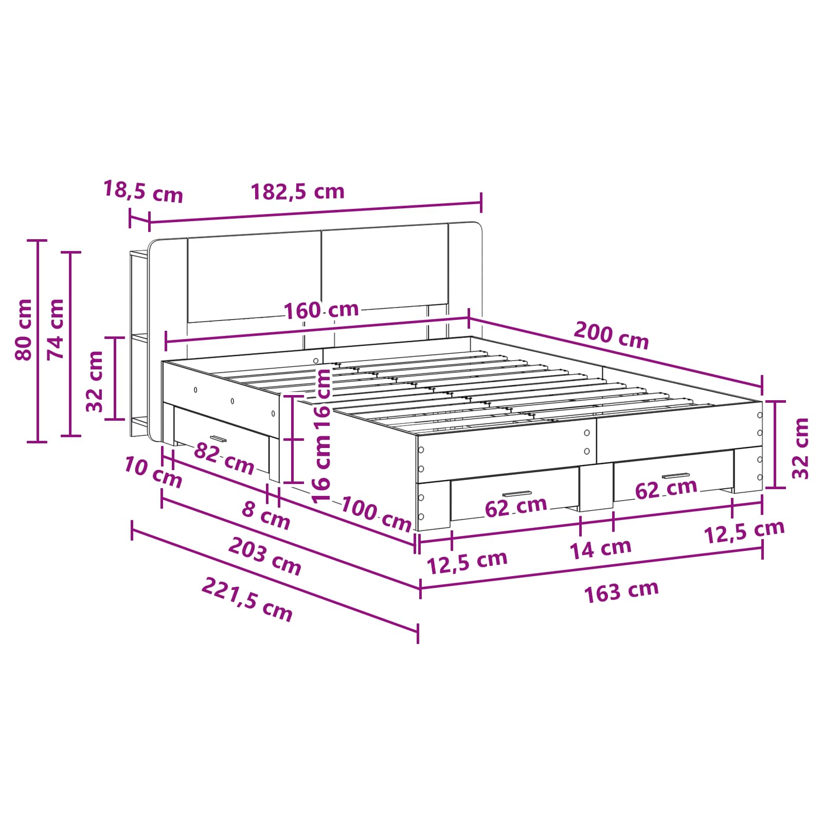 Bettgestell mit Stauraum Betongrau 160 x 200 cm Holzwerkstoff