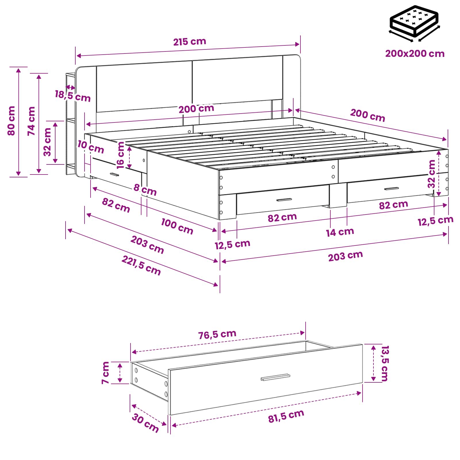 Bettgestell mit Stauraum Grau Sonoma 200 x 200 cm Holzwerkstoff