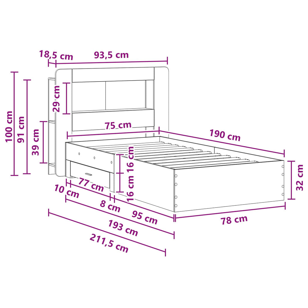 Bettgestell mit Stauraum Grau Sonoma 75 x 190 cm Holzwerkstoff