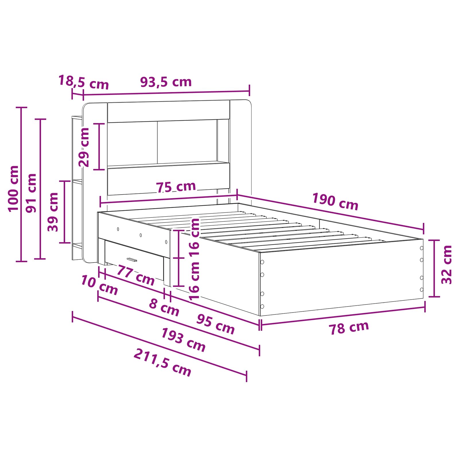 Bettgestell mit Stauraum Sonoma-Eiche 75 x 190 cm Holzwerkstoff