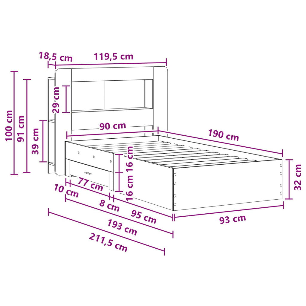 Bettgestell mit Stauraum Sonoma-Eiche 90 x 190 cm Holzwerkstoff