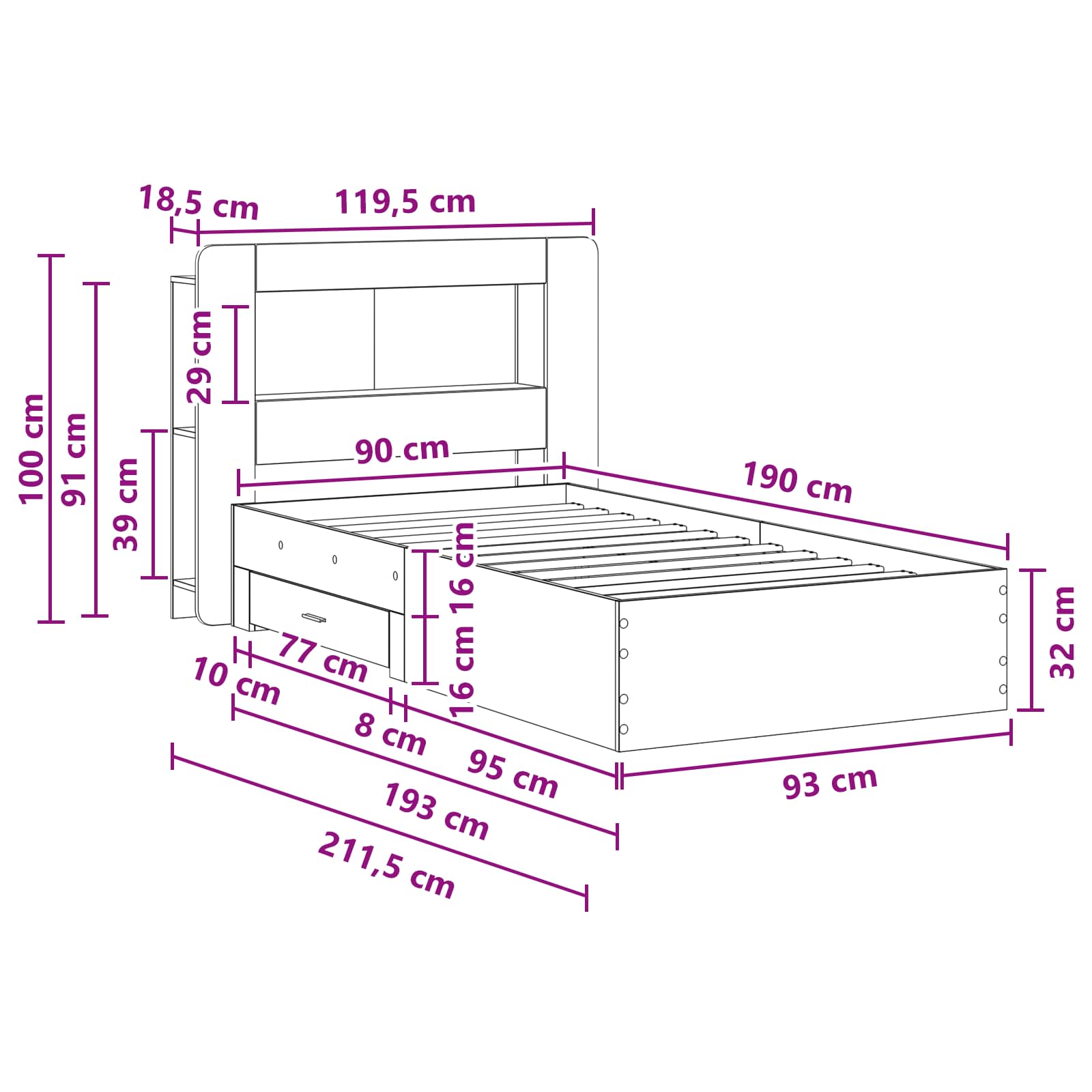 Bettgestell mit Stauraum Sonoma-Eiche 90 x 190 cm Holzwerkstoff