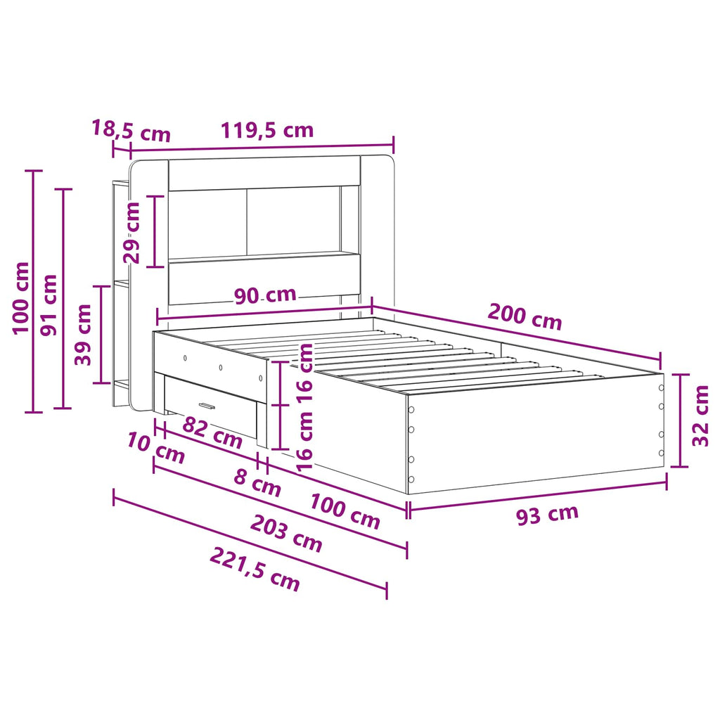 Bettgestell mit Stauraum Grau Sonoma 90 x 200 cm Holzwerkstoff