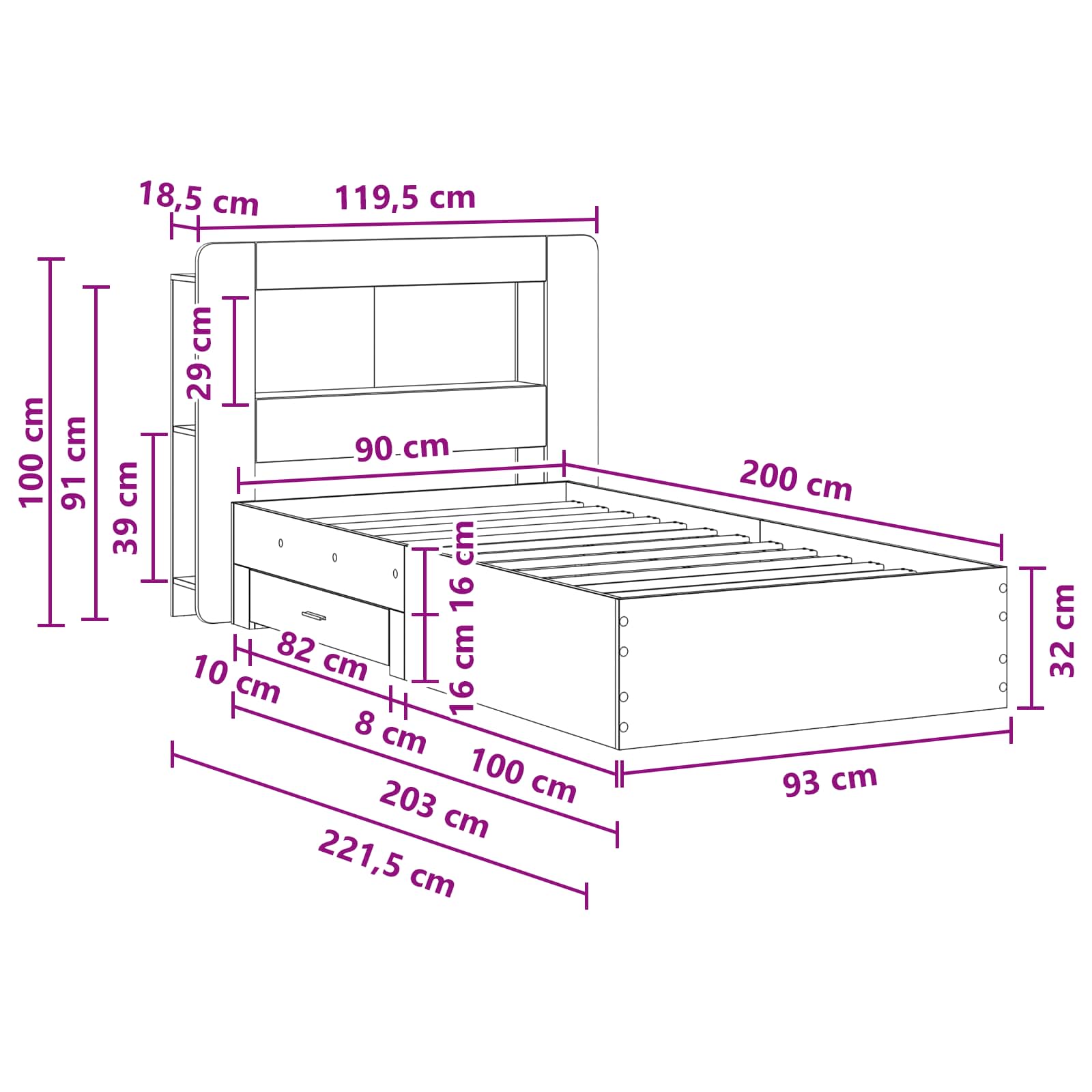 Bettgestell mit Stauraum Grau Sonoma 90 x 200 cm Holzwerkstoff