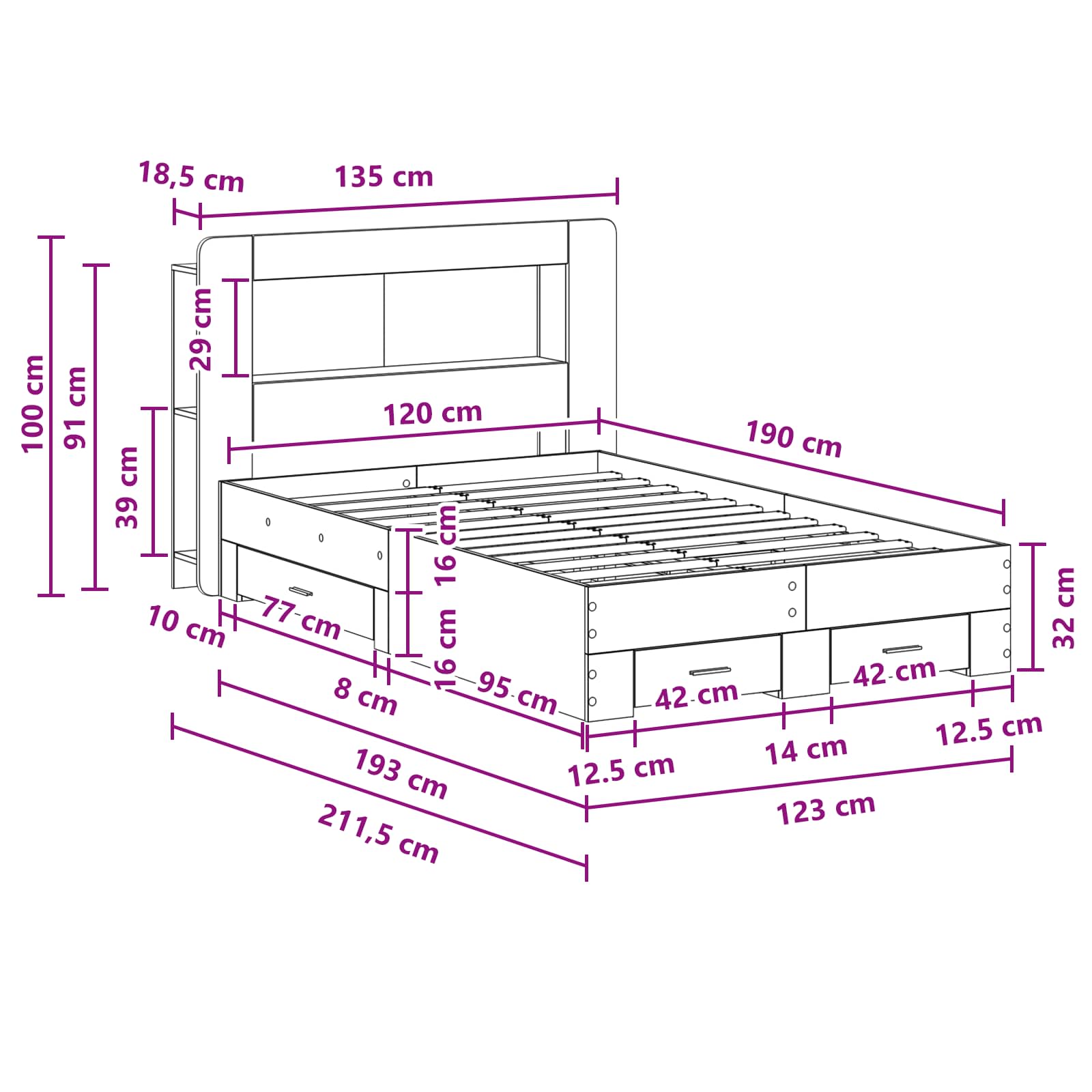 Bettgestell mit Stauraum Artisan-Eiche 120 x 190 cm