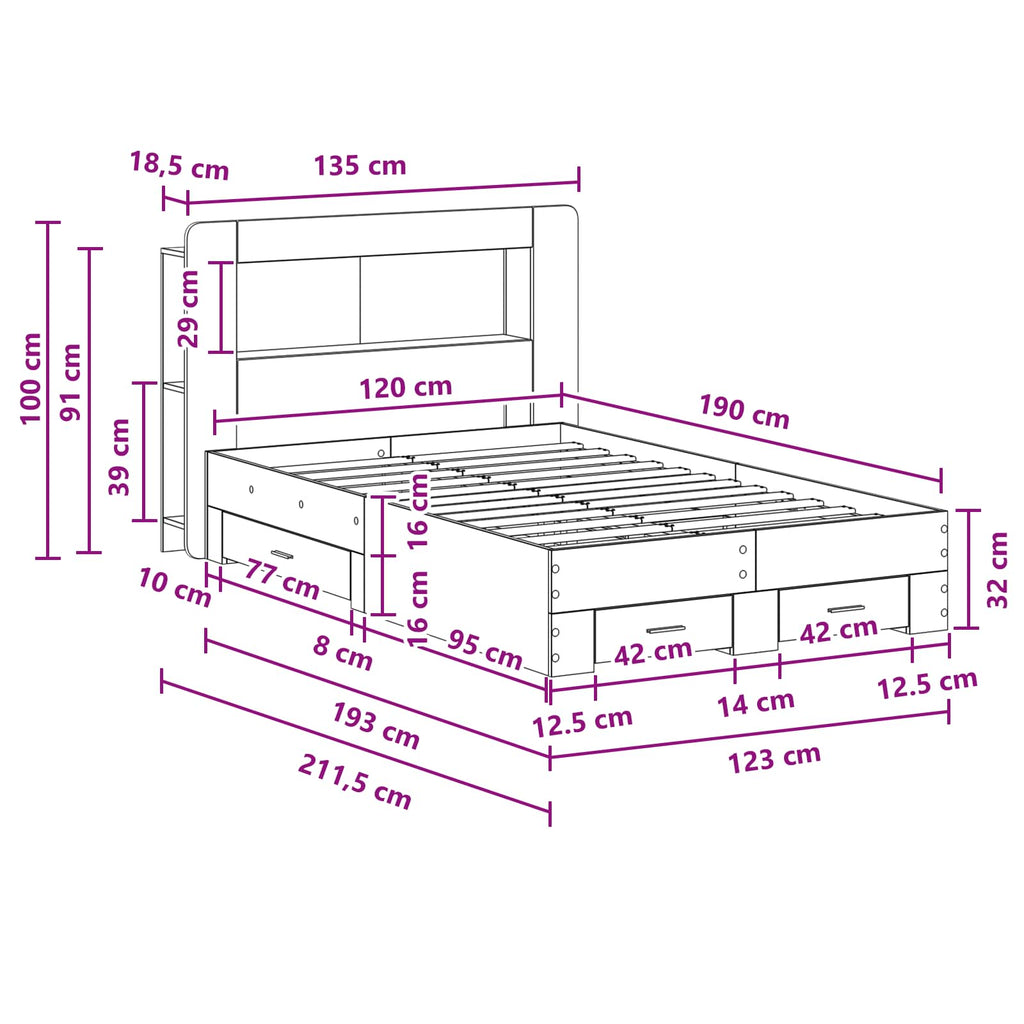 Bettgestell mit Stauraum Grau Sonoma 120 x 190 cm Holzwerkstoff