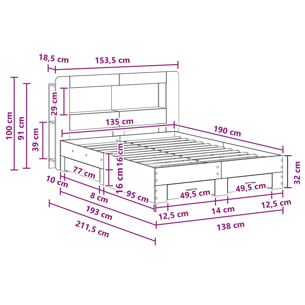 Bettgestell mit Stauraum Grau Sonoma 135 x 190 cm Holzwerkstoff