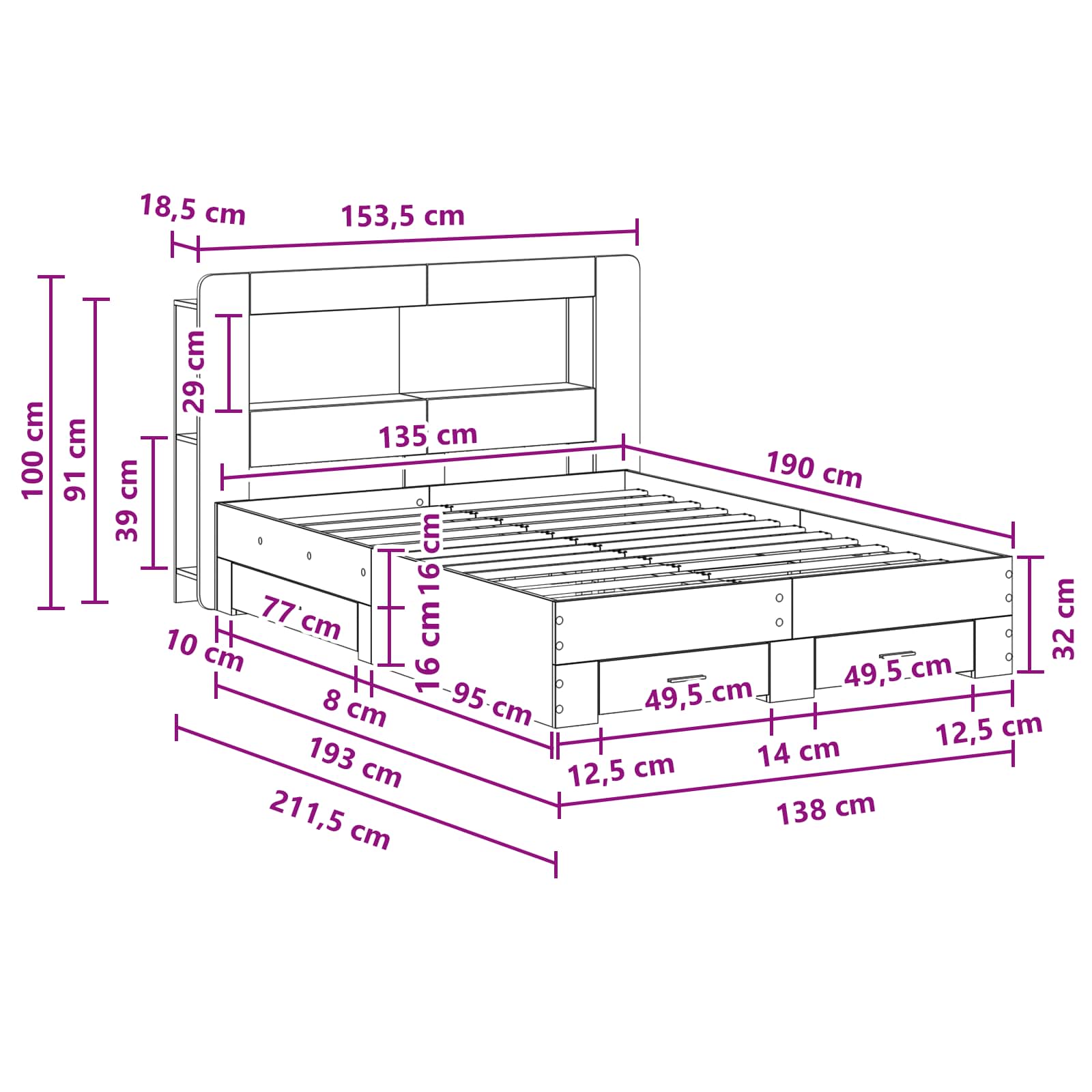 Bettgestell mit Stauraum Grau Sonoma 135 x 190 cm Holzwerkstoff