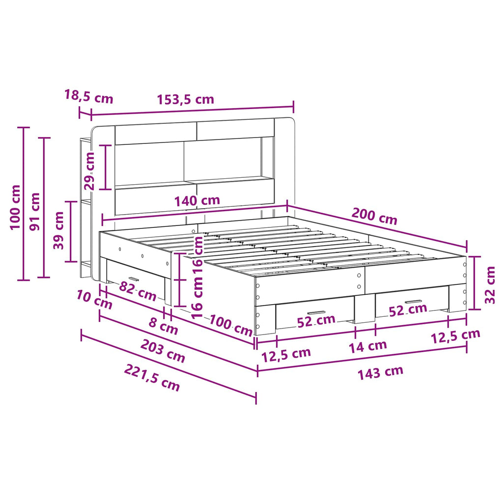 Bettgestell mit Stauraum Grau Sonoma 140 x 200 cm Holzwerkstoff