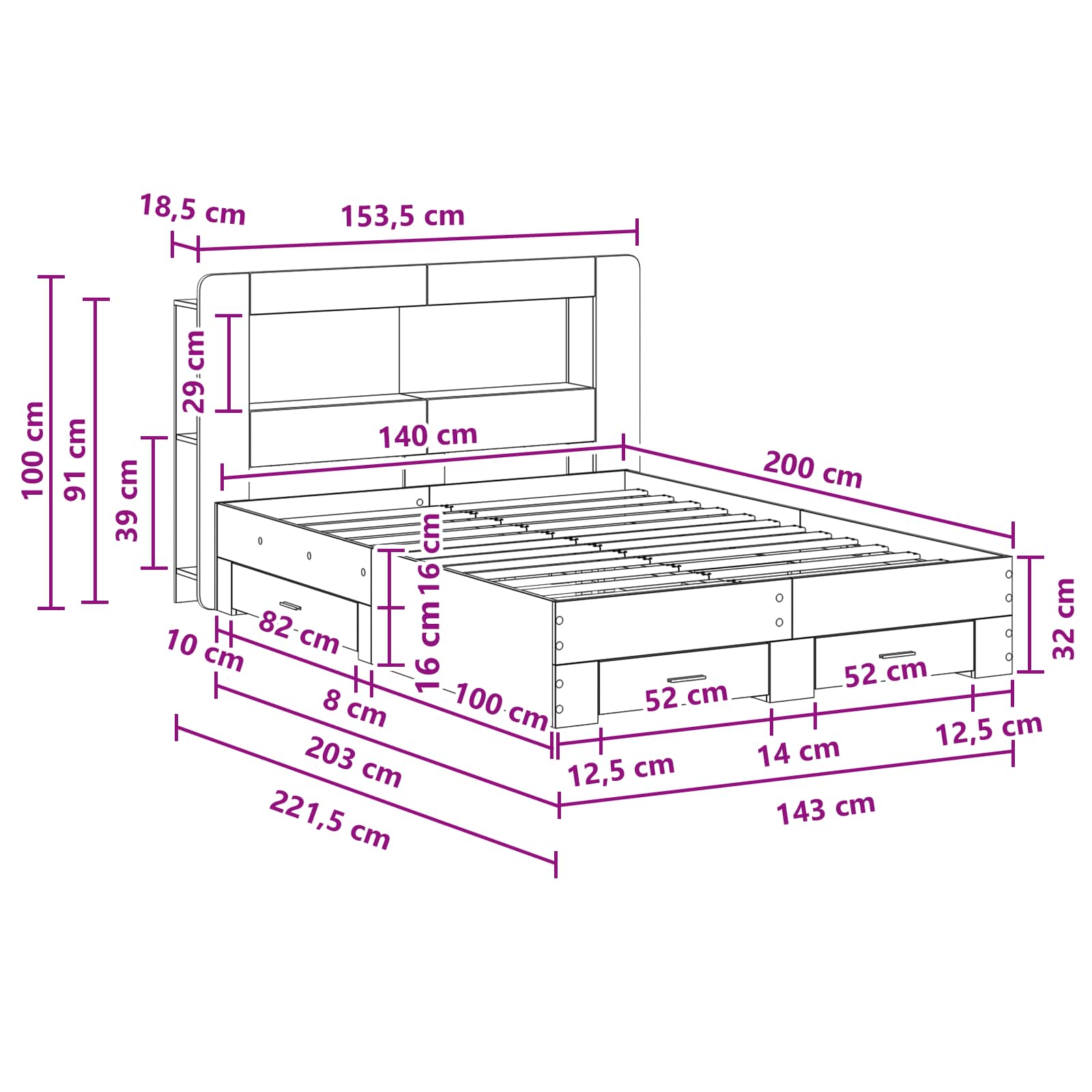 Bettgestell mit Stauraum Grau Sonoma 140 x 200 cm Holzwerkstoff