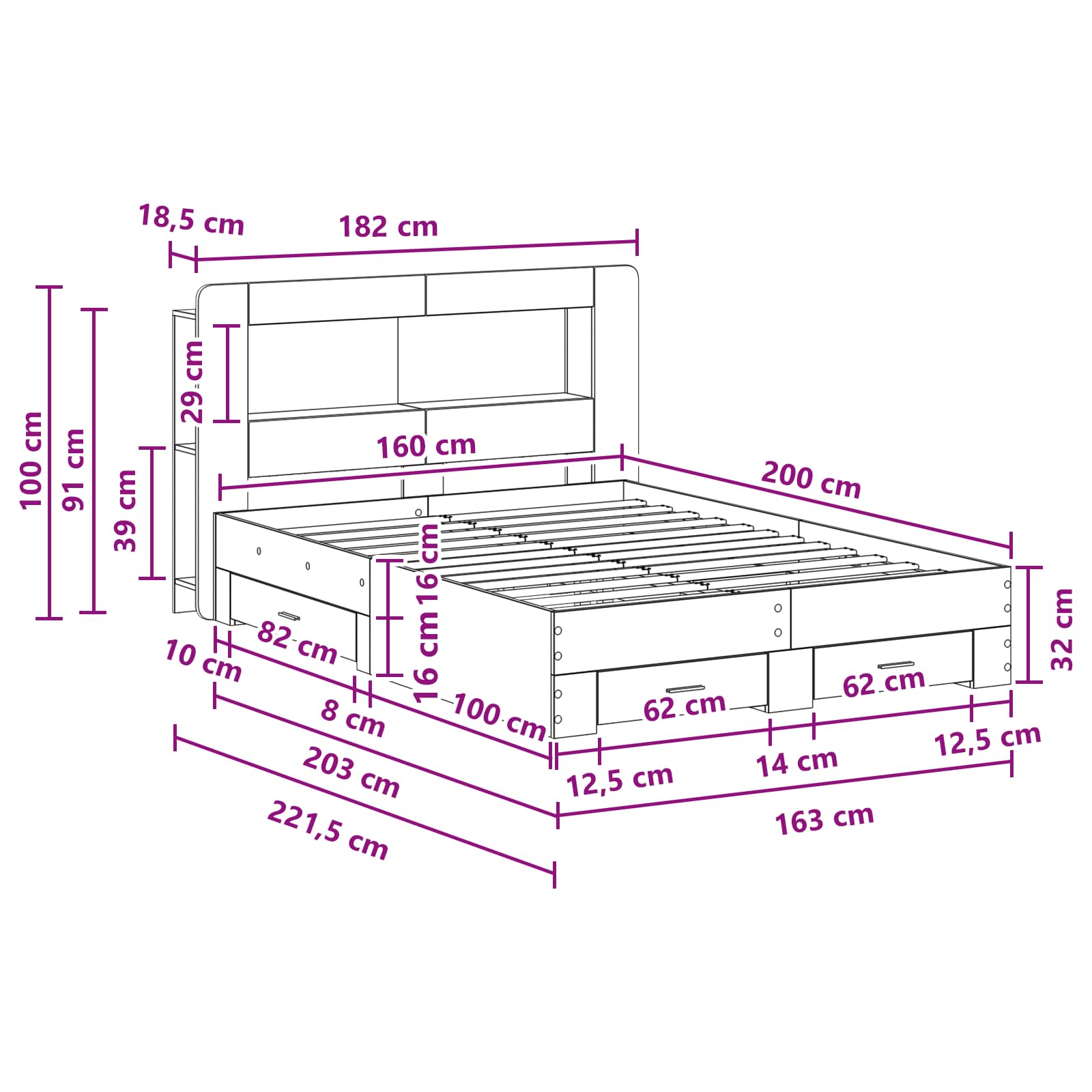 Bettgestell mit Stauraum Betongrau 160 x 200 cm Holzwerkstoff