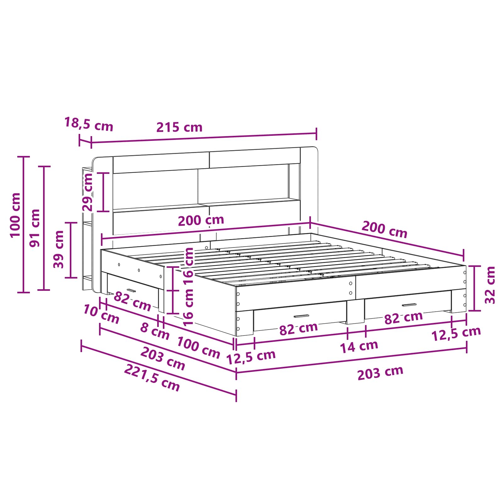 Bettgestell mit Stauraum Geräucherte Eiche 200 x 200 cm