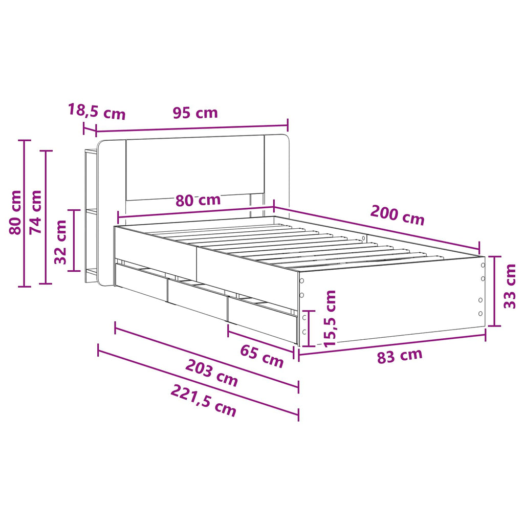 Bettgestell mit Stauraum Geräucherte Eiche 80 x 200 cm