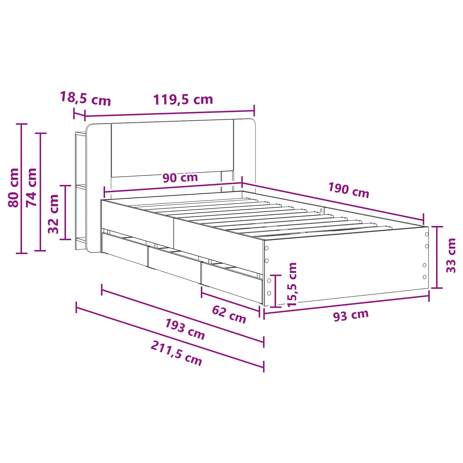 Bettgestell mit Stauraum Grau Sonoma 90 x 190 cm Holzwerkstoff