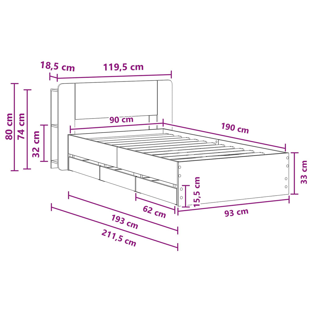 Bettgestell mit Stauraum Geräucherte Eiche 90 x 190 cm