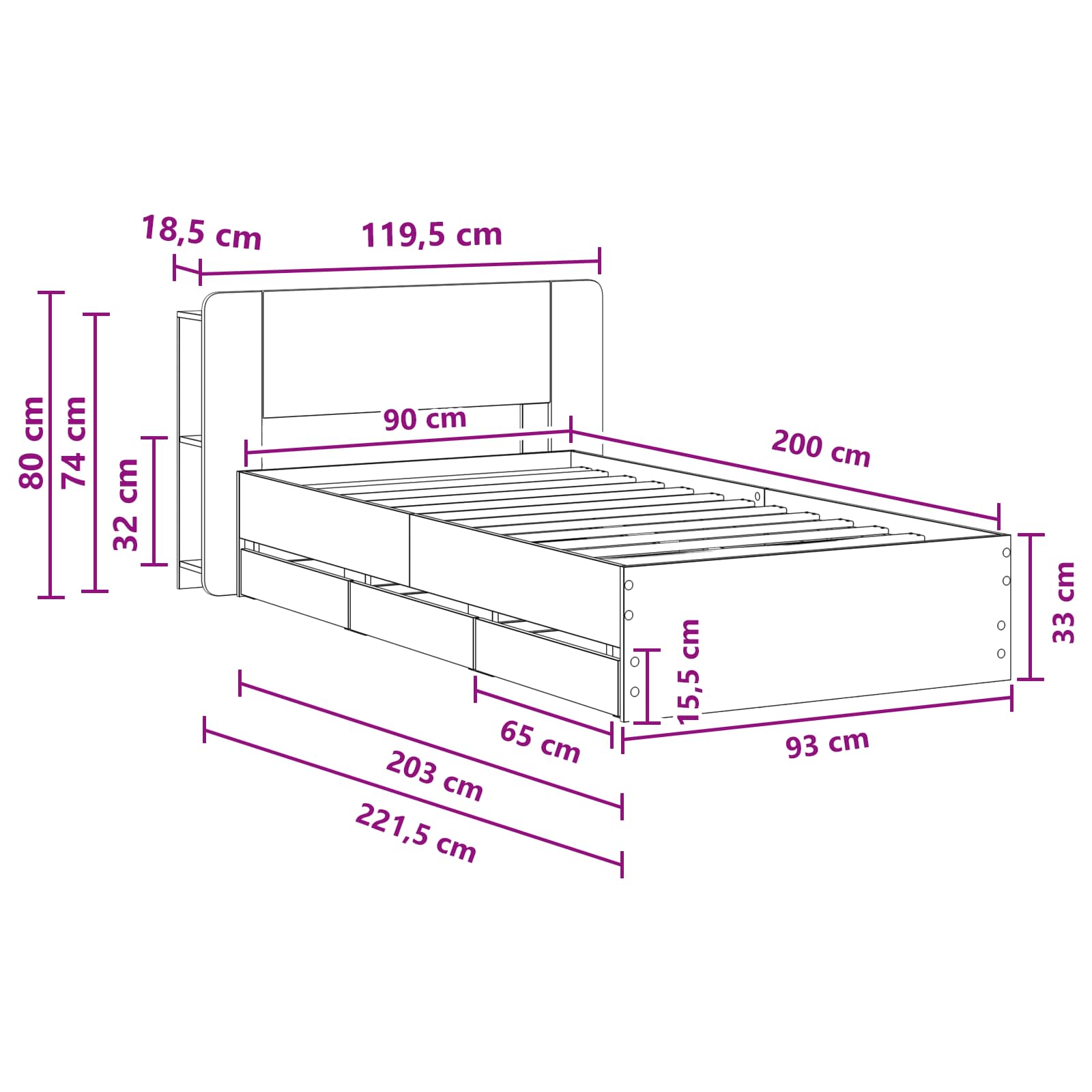 Bettgestell mit Stauraum Grau Sonoma 90 x 200 cm Holzwerkstoff