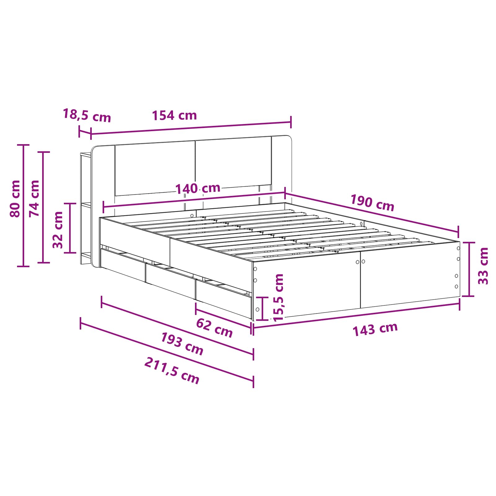 Bettgestell mit Stauraum Geräucherte Eiche 135 x 190 cm