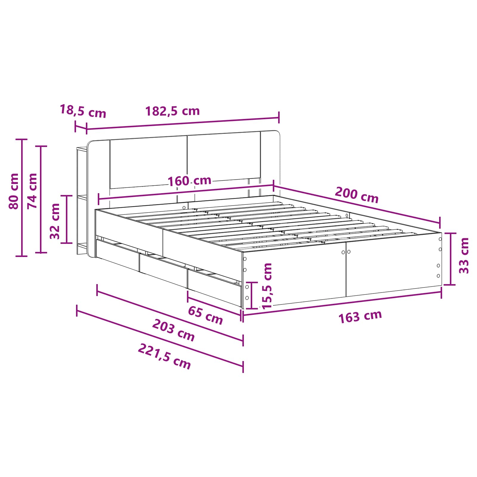 Bettgestell mit Stauraum Schwarz 160 x 200 cm Holzwerkstoff