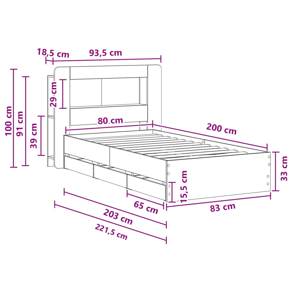 Bettgestell mit Stauraum Grau Sonoma 80 x 200 cm Holzwerkstoff