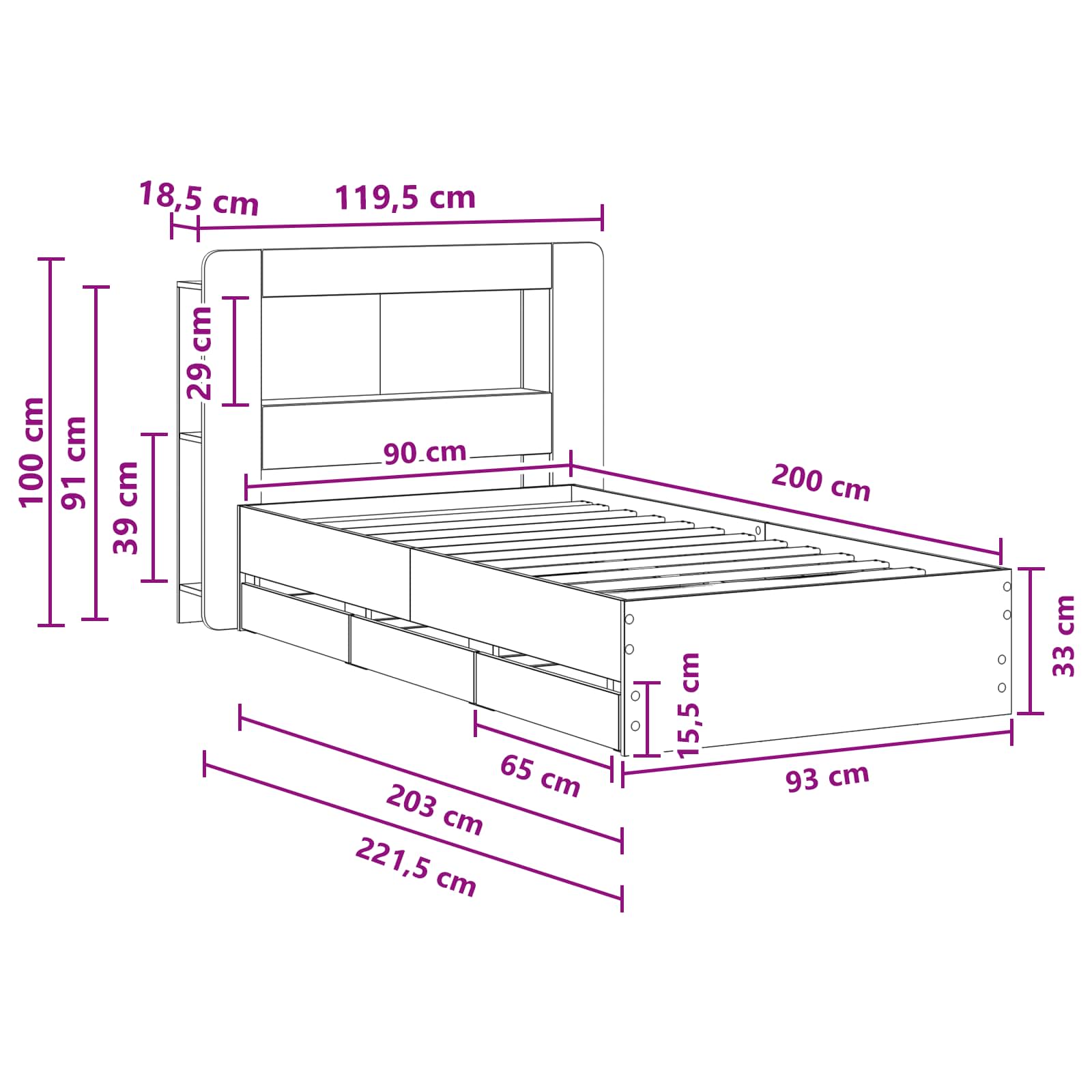 Bettgestell mit Stauraum Grau Sonoma 90 x 200 cm Holzwerkstoff