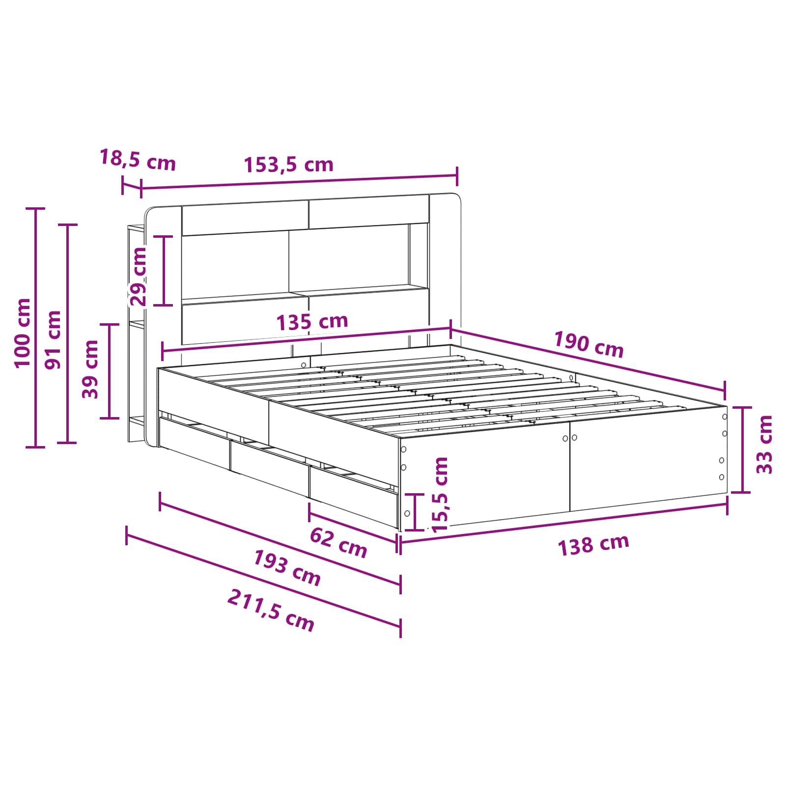 Bettgestell mit Stauraum Grau Sonoma 135 x 190 cm Holzwerkstoff