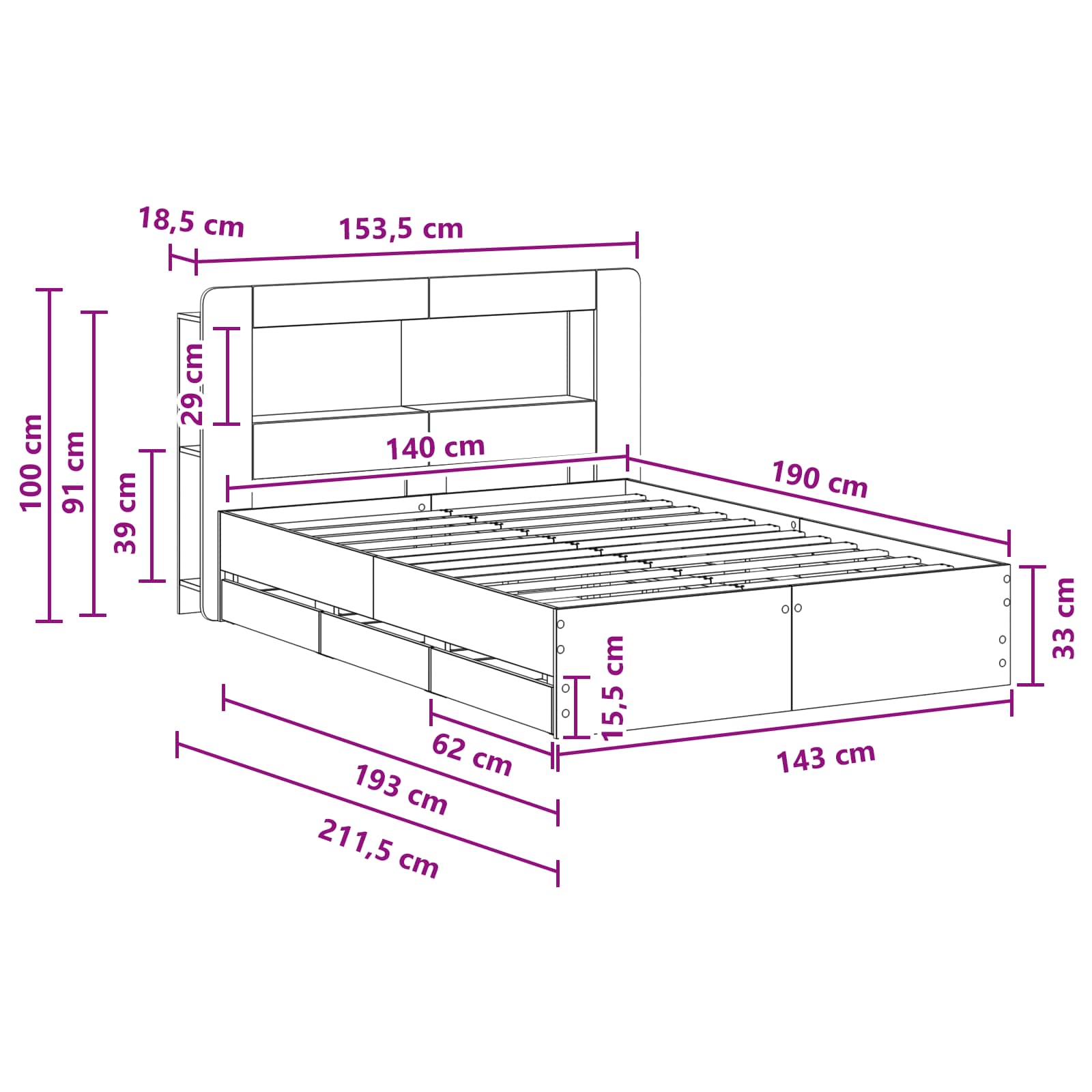Bettgestell mit Stauraum Schwarz 140 x 190 cm Holzwerkstoff