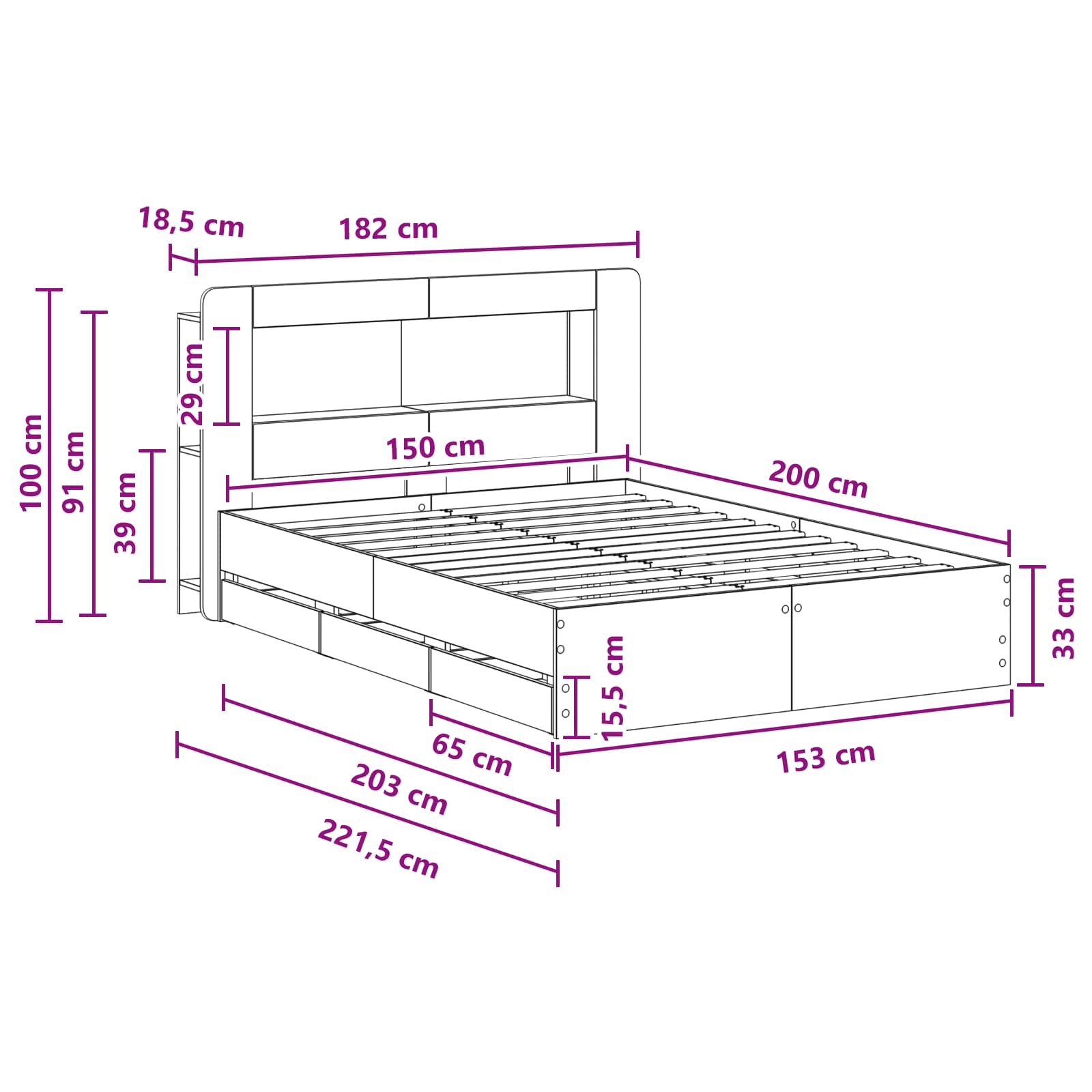 Bettgestell mit Stauraum Grau Sonoma 150 x 200 cm Holzwerkstoff
