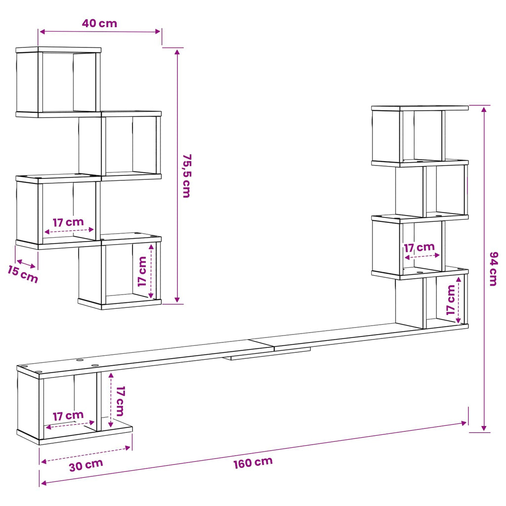Wandmontiertes TV-Regal Sonoma-Grau 160 x 15 x 94 cm