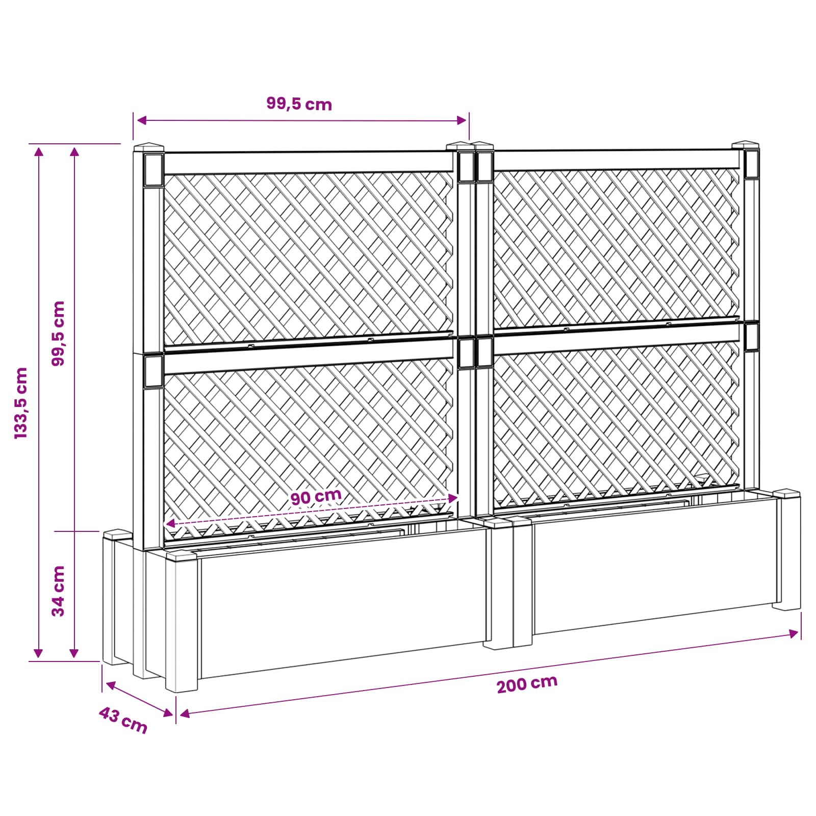 Großer Pflanzer mit Spalier 2 pcs Grau 200 x 43 x 133,5 cm PP