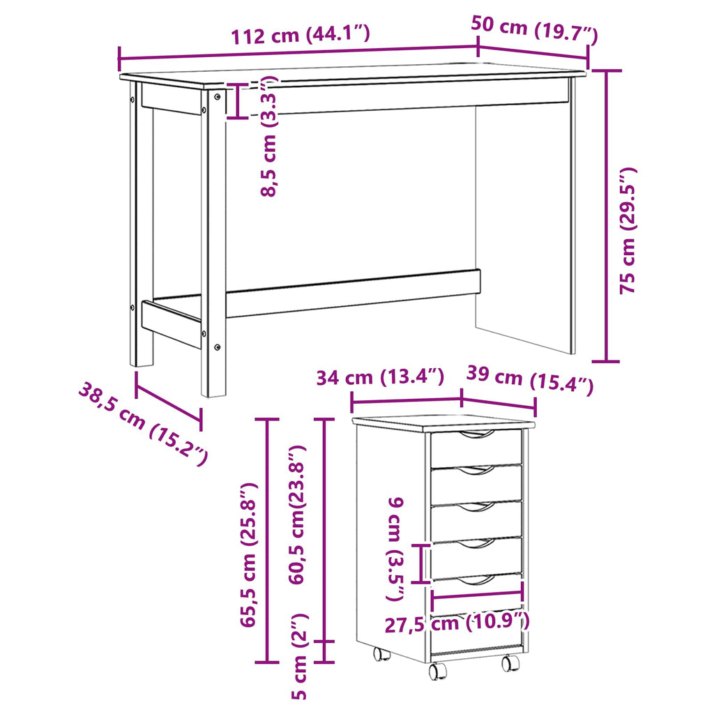 Desk und Rolling Cabinet Set MOSS 2 pcs Honigbraun