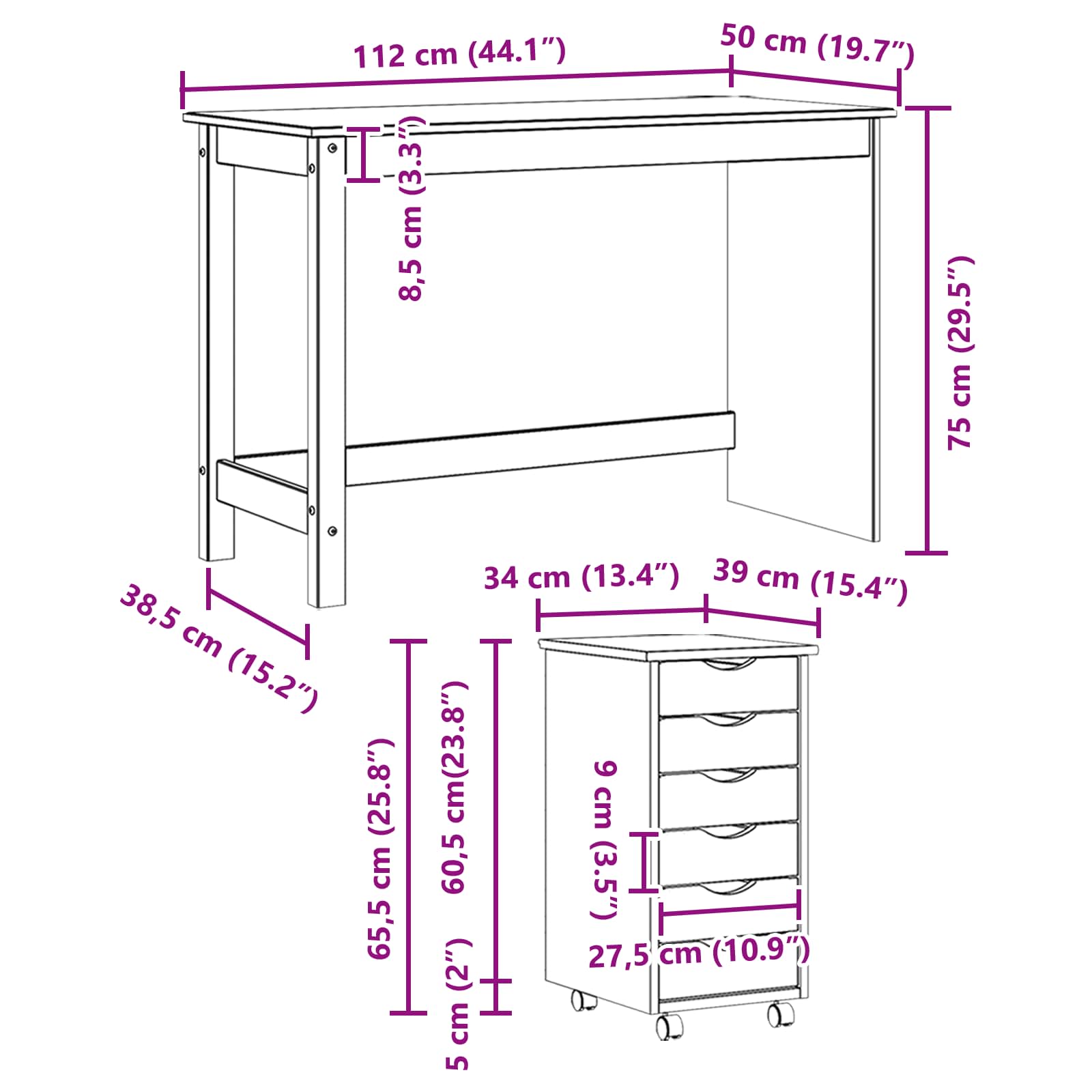 Desk und Rolling Cabinet Set MOSS 2 pcs Schwarz