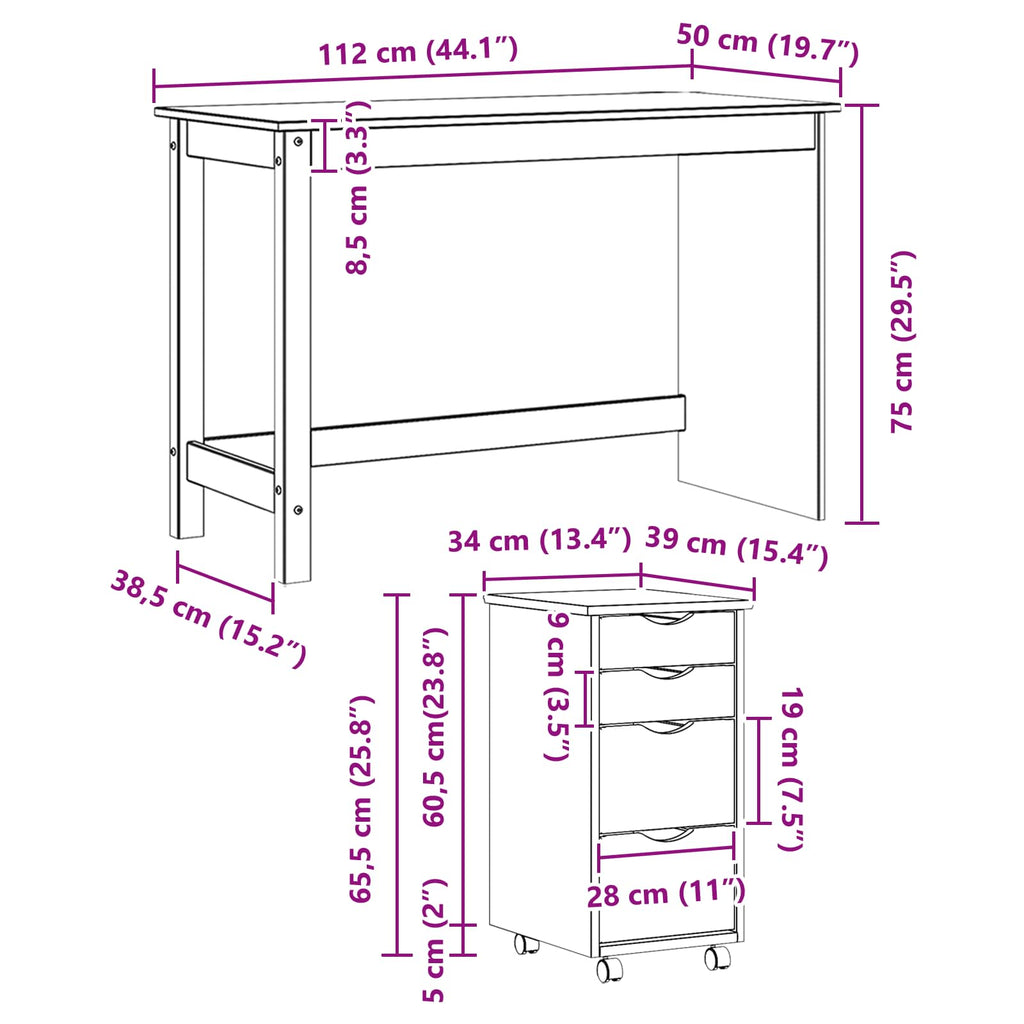 Desk und Rolling Cabinet Set MOSS 2 pcs Honigbraun