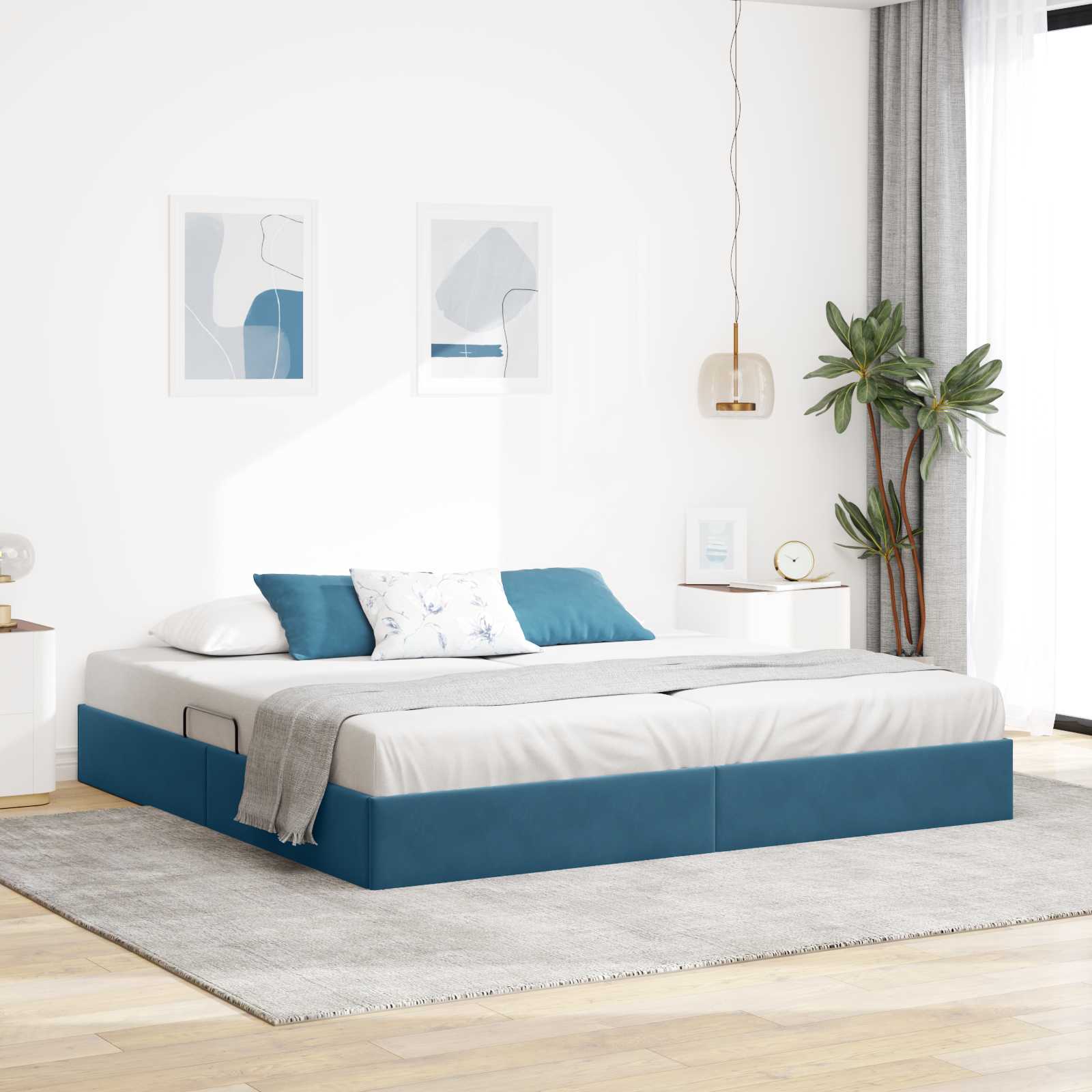 Ottoman Bettgestell mit Speicher Dunkelblau 200 x 200 cm Samt