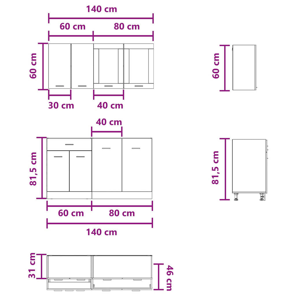 Kücheneinheit Lyon 4 pcs Betongrau Holzwerkstoff
