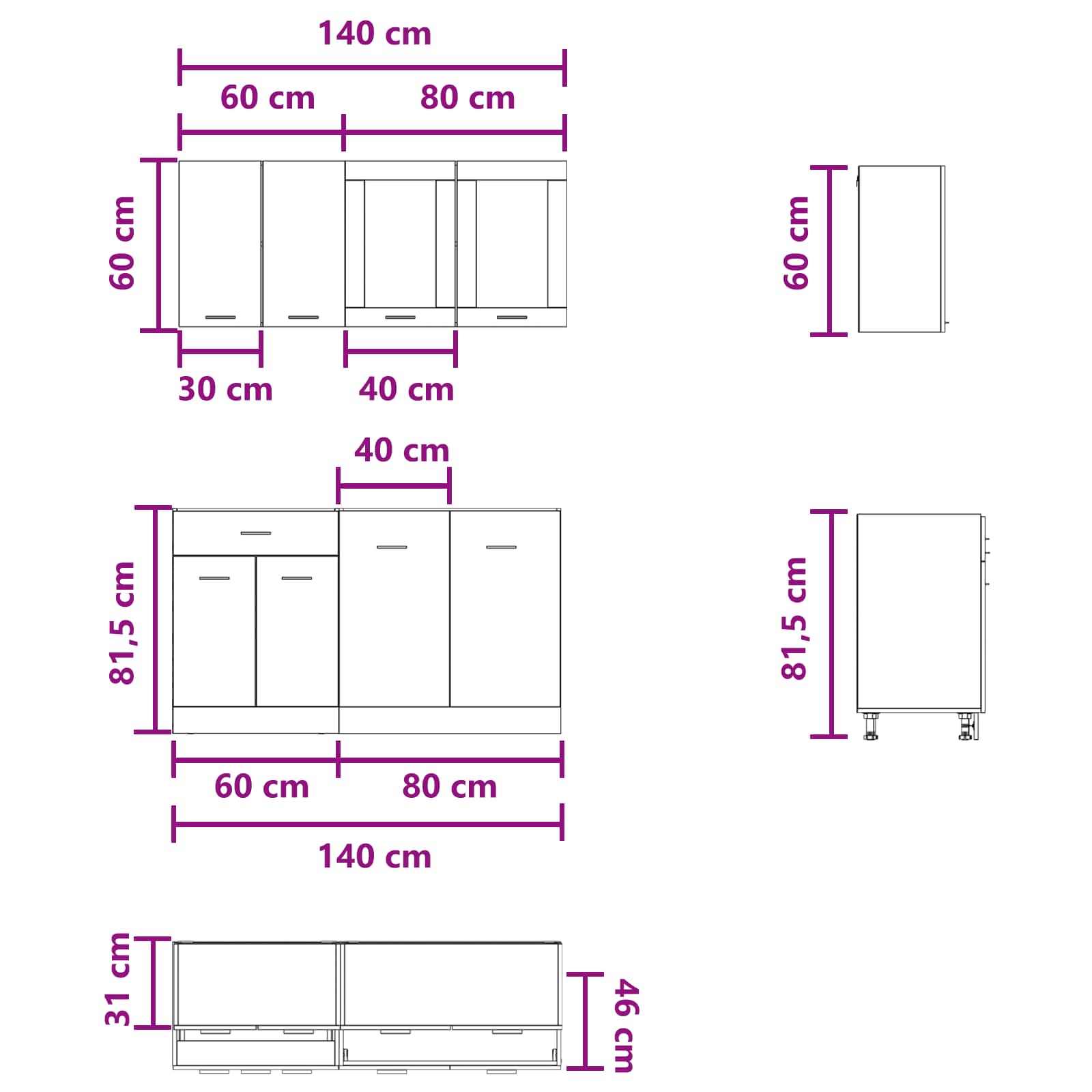 Kücheneinheit Lyon 4 pcs Betongrau Holzwerkstoff