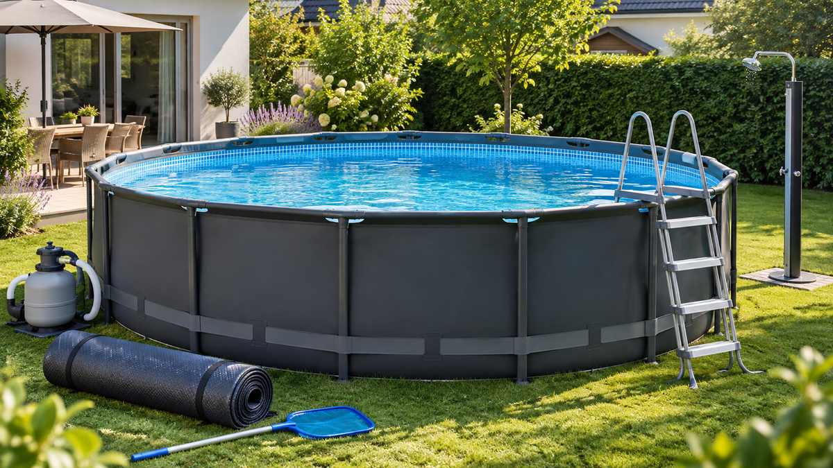 Aufstellpool mit Leiter, Filteranlage und Poolzubehör in einem modernen Garten