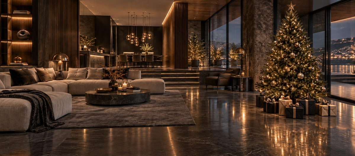 Luxuriöses Wohnzimmer mit festlich beleuchtetem Weihnachtsbaum und elegant verpackten Geschenken