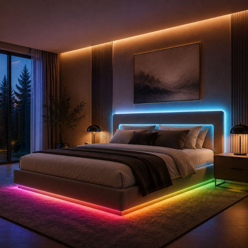 Modernes LED-Polsterbett mit farbiger RGB-Beleuchtung in einem luxuriösen Schlafzimmer.