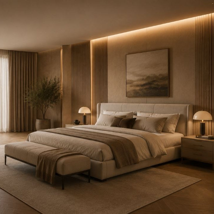 Modernes Schlafzimmer mit hochwertigem Polsterbett, Nachttischen und stilvoller Beleuchtung in warmen Naturtönen.