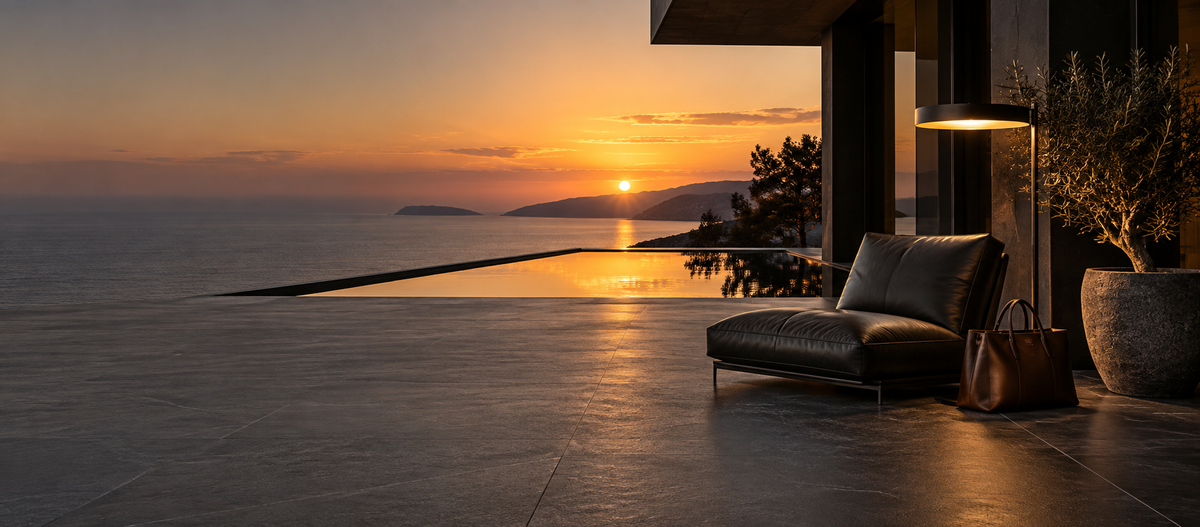 Moderne Villa-Terrasse bei Sonnenuntergang mit schwarzem Loungesessel, Stehlampe, Leder-Reisetasche und Infinity-Pool.