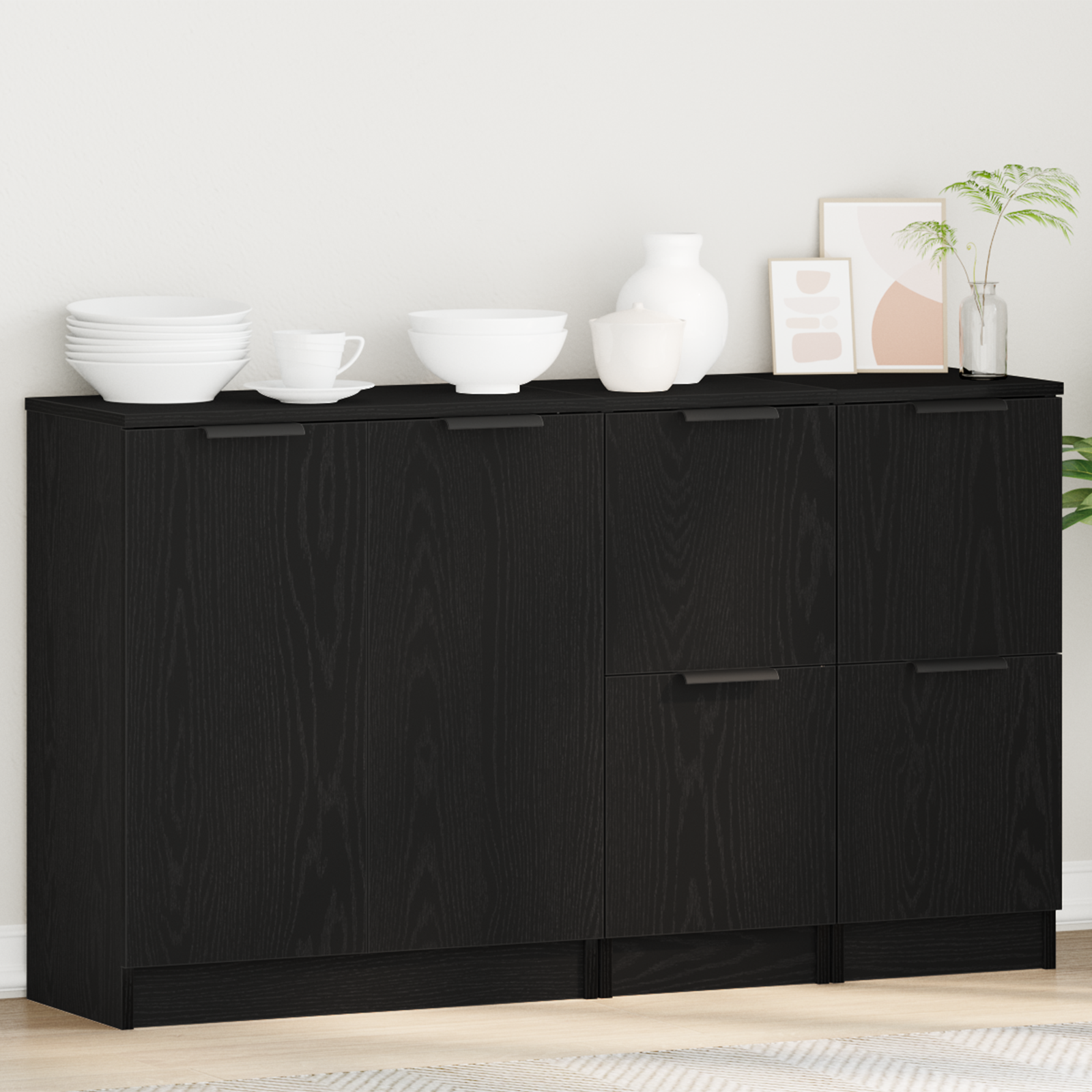 Sideboard 3 pcs Schwarz Eichen-Optik Holzwerkstoff