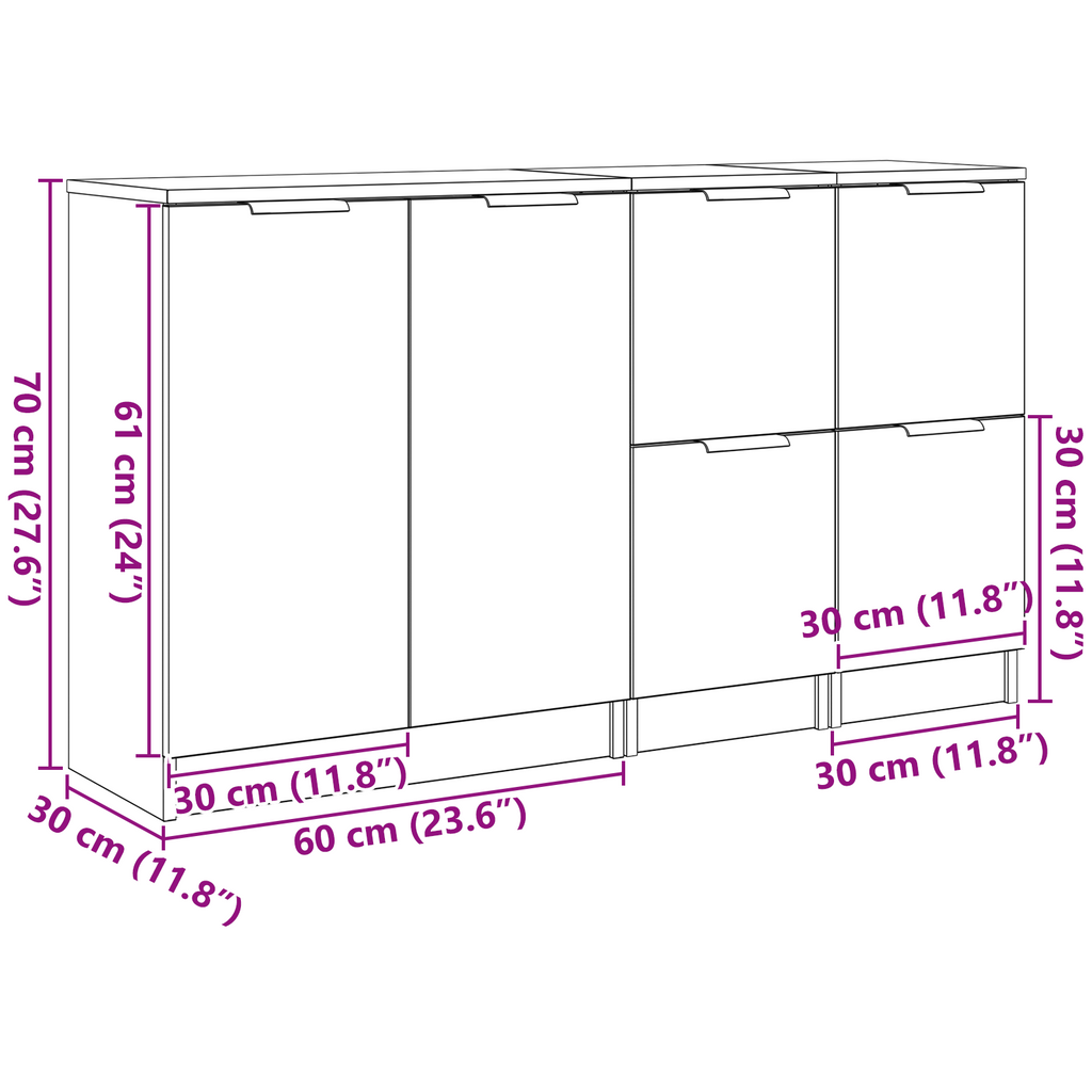 Sideboard 3 pcs Schwarz Eichen-Optik Holzwerkstoff