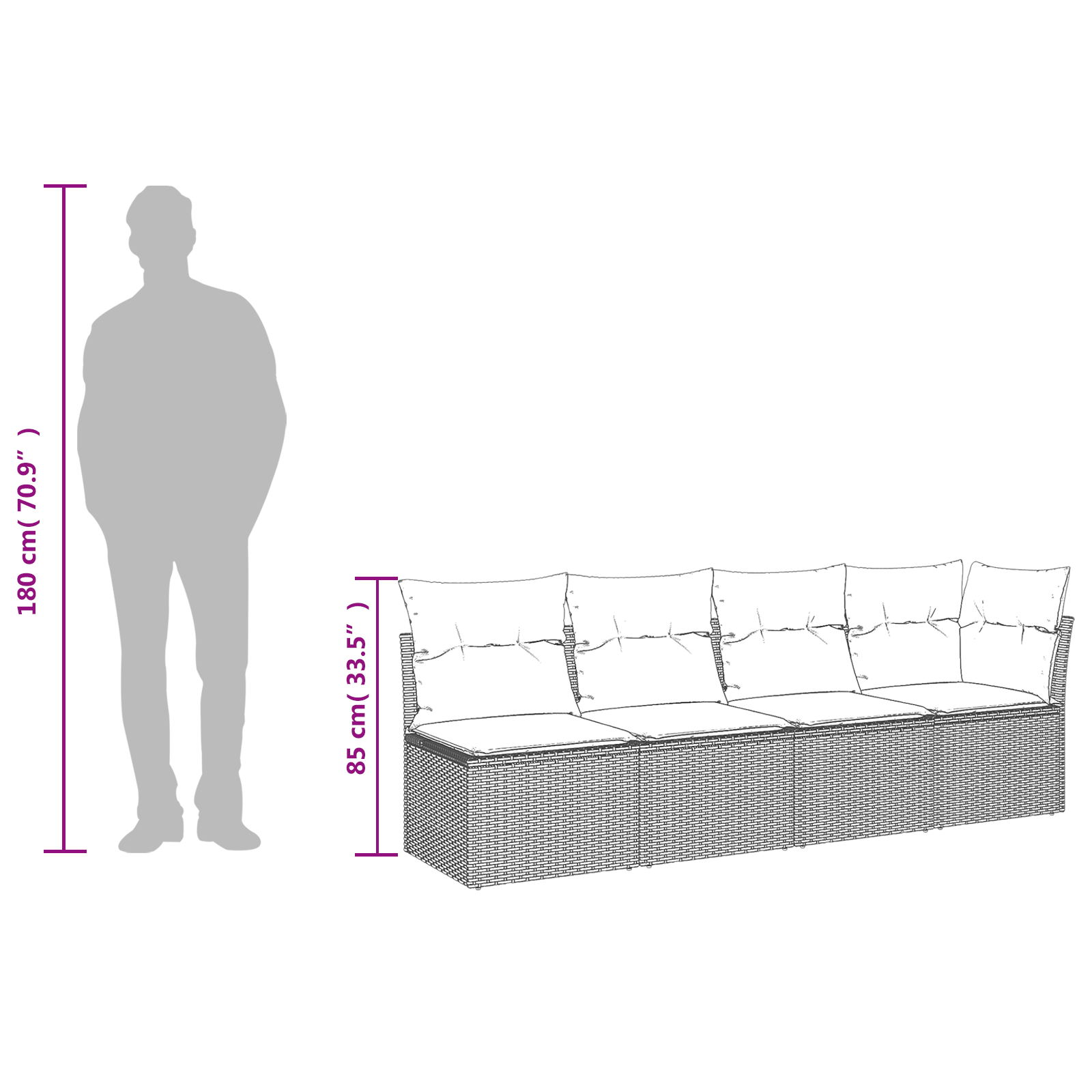 | Garten-Sofa | mit Kissen Grau 227 x 62 x 69 cm Poly-Rattan