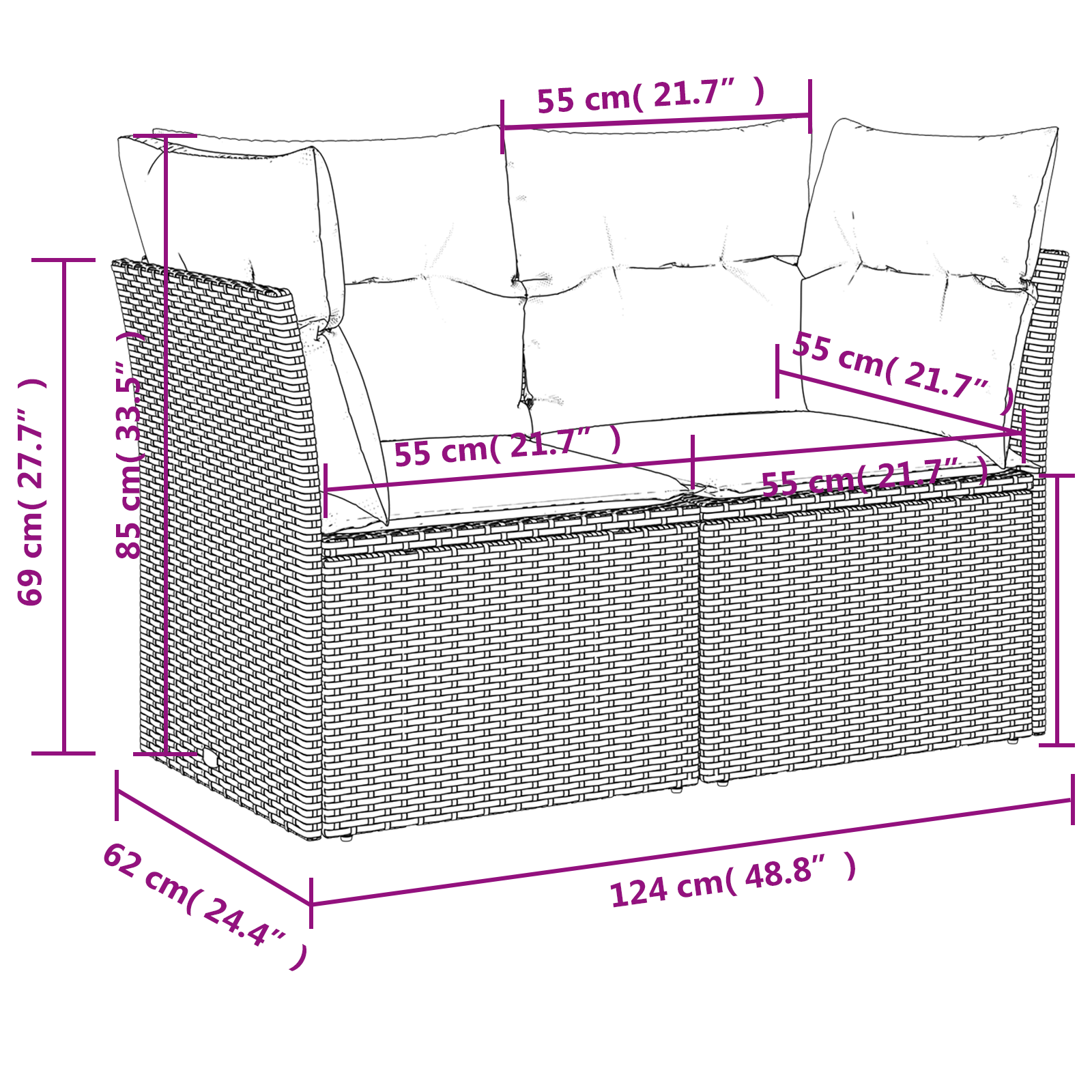 | Garten-Sofa | mit Kissen Grau 124 x 62 x 69 cm Poly Rattan