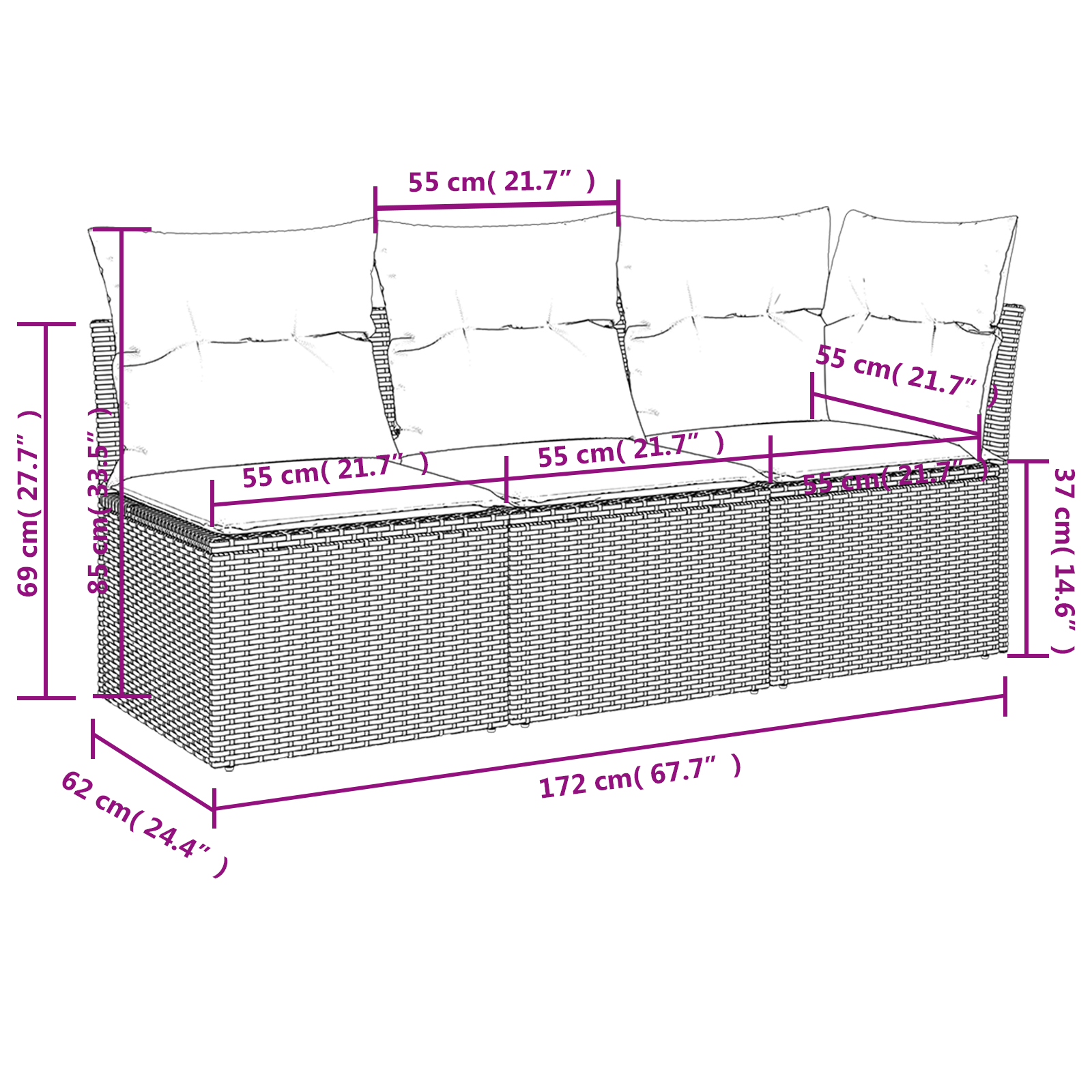 | Garten-Sofa | mit Kissen Grau 172 x 62 x 69 cm Poly Rattan