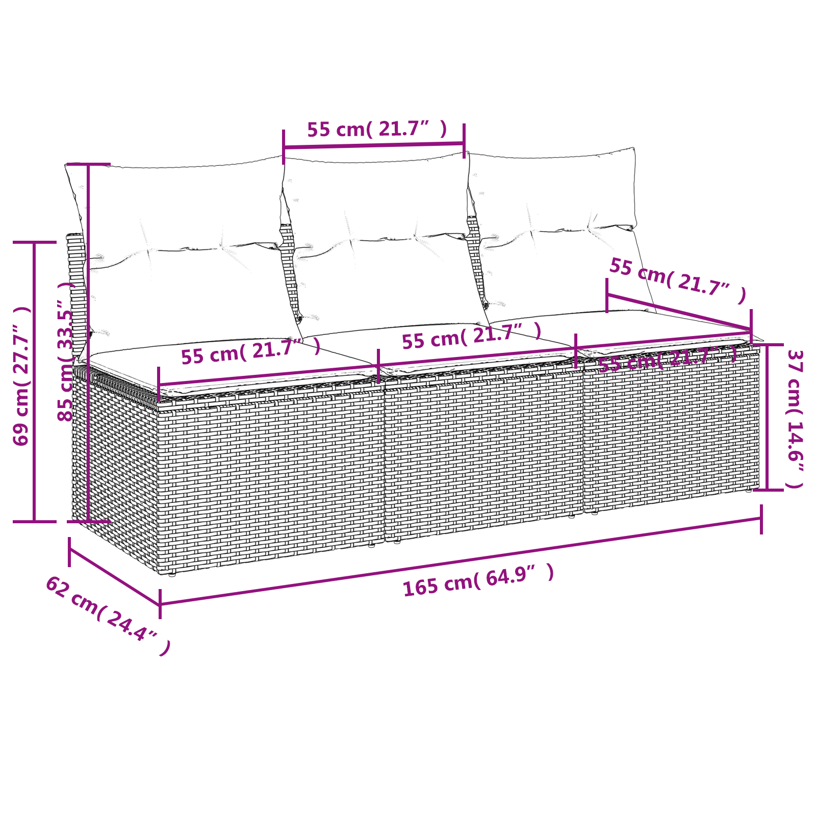 | Garten-Sofa | mit Kissen Grau 165 x 62 x 69 cm Poly Rattan